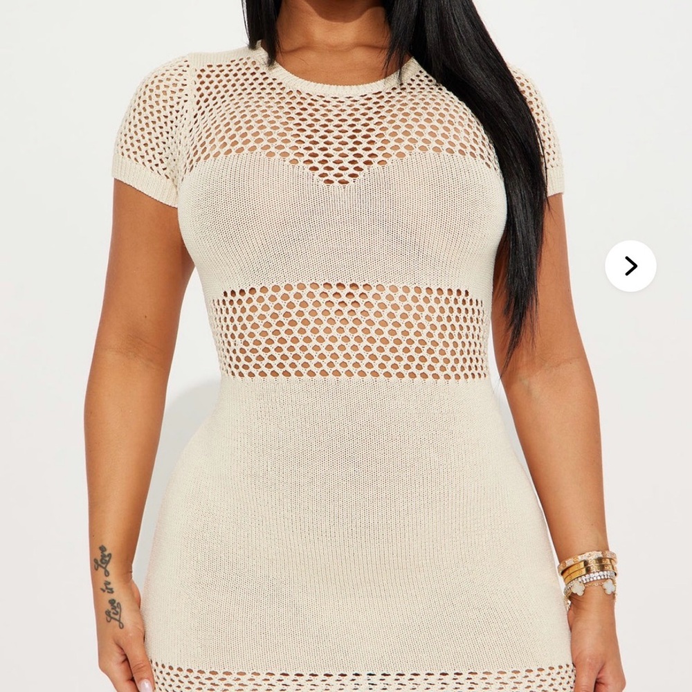 Cream Short-Sleeve Crochet Dress